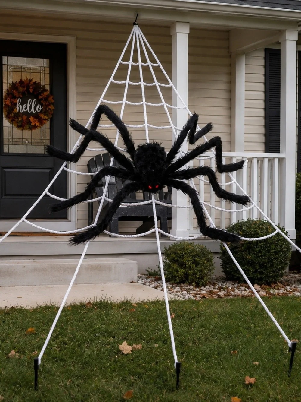 Large Black Furry Spider with White Web Halloween Yard Decoration